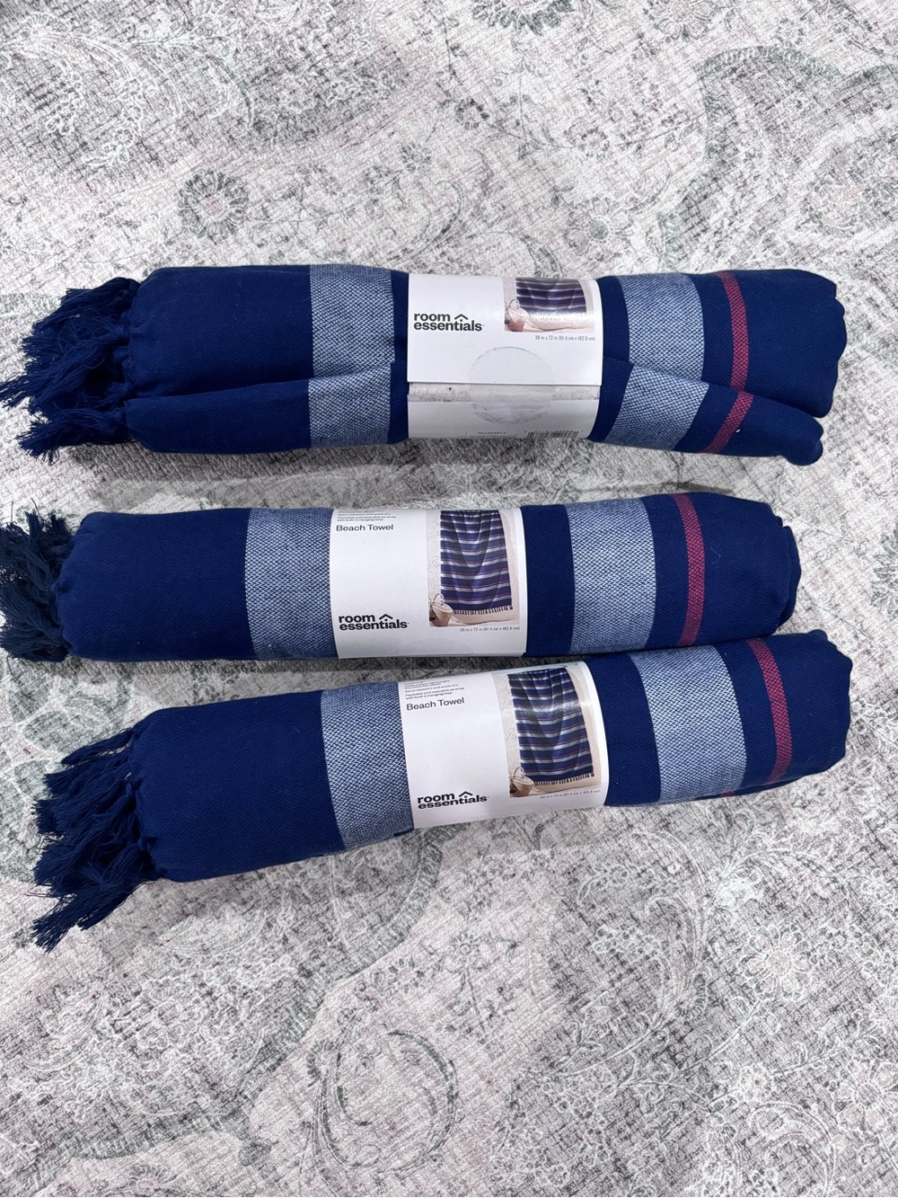 Room Essentials Blue Striped Beach Towels with Fringe - 3-pack
